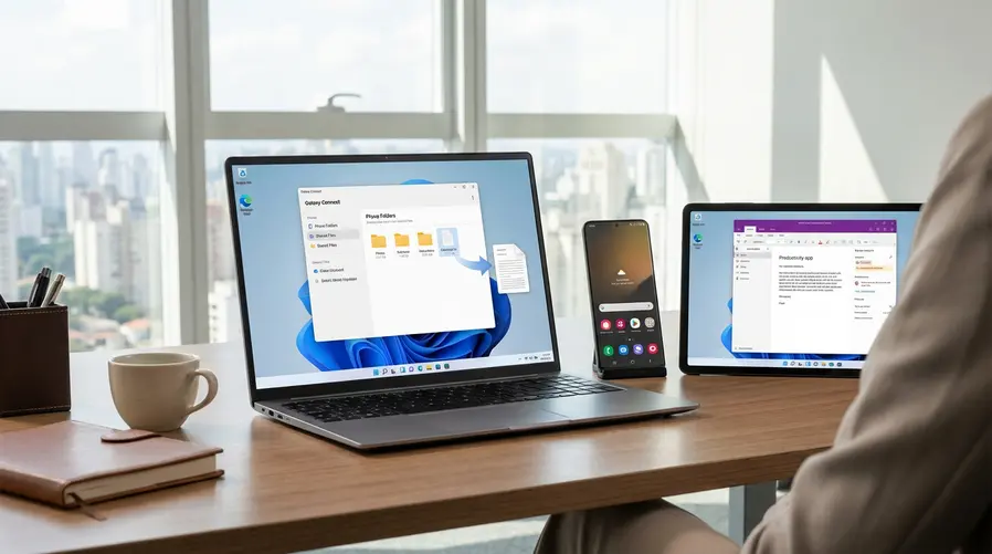 Uma captura de tela do Galaxy Connect mostrando, em um notebook Windows 11, a janela com acesso aos arquivos do celular, ao lado de um smartphone Samsung e de um tablet exibindo a função de segunda tela, com elementos visuais que sugiram copiar e colar entre dispositivos.