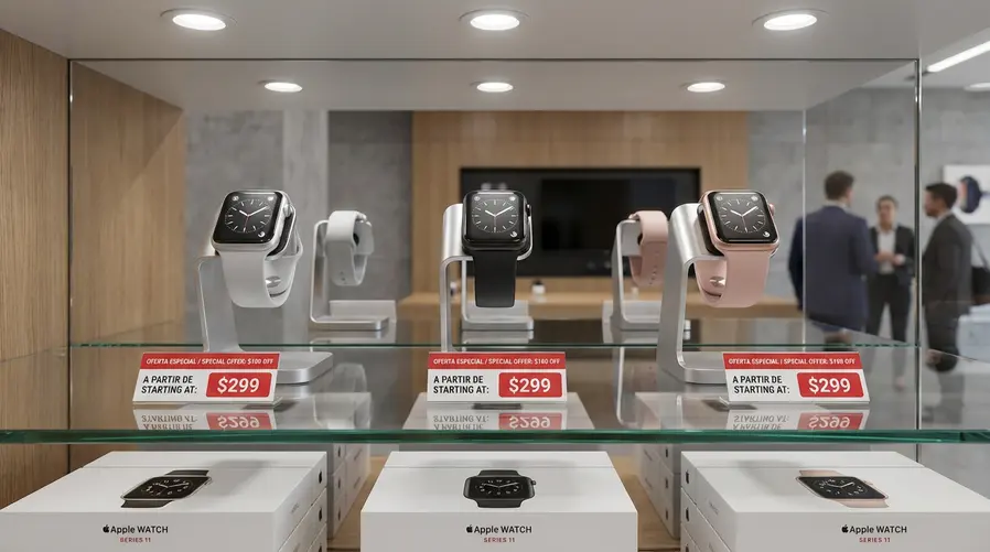 Uma imagem mostrando a vitrine de ofertas com três Apple Watch Series 11 lado a lado, em cores diferentes, com etiquetas de preço destacando a queda de US$100 e um valor inicial a partir de US$299.