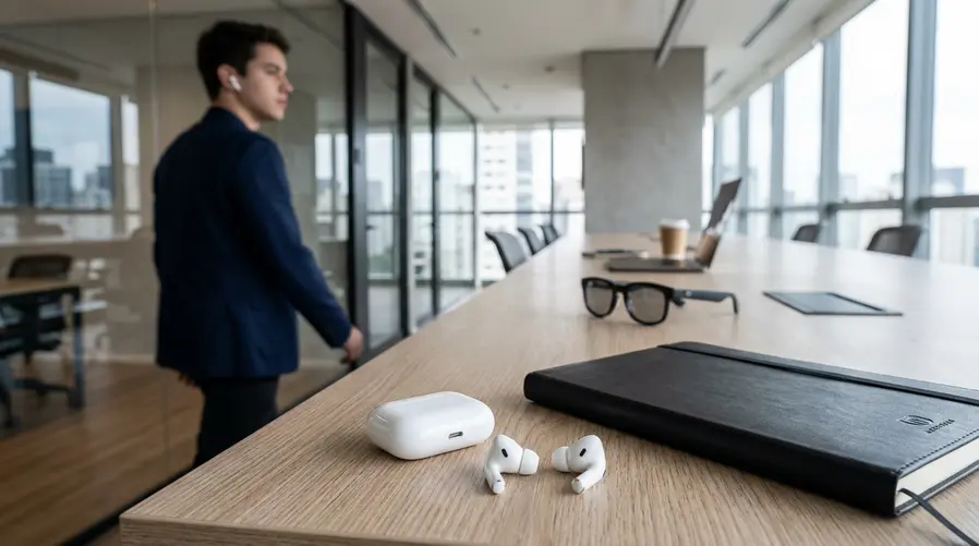 Uma imagem mostrando um AirPods Pro em destaque, com um mockup discreto ao lado sugerindo duas possibilidades de uso: um fone no ouvido de uma pessoa em movimento e, em segundo plano, óculos inteligentes desfocados, para reforçar visualmente a comparação entre os dois caminhos de estreia da tecnologia.
