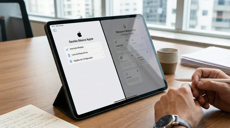 Uma tela comparativa em estilo notebook/tablet mostrando, de um lado, o painel básico de gerenciamento com cadastro e configuração de poucos dispositivos, e do outro, cartões visuais com funções avançadas que ficam ausentes no gratuito, como automação, alertas e relatórios mais completos.