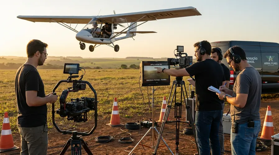 Uma imagem do equipamento de filmagem em ambiente aéreo, com um microlight voando e uma equipe registrando a cena para conteúdo imersivo, deixando claro que se trata de uma gravação para vídeo do Vision Pro, não de um voo comum.