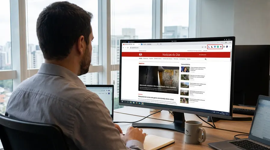 Uma captura de tela de um navegador Chromium com várias extensões visíveis no canto superior direito da barra, destacando ícones pequenos e a ideia de personalização; ao lado, uma aba aberta mostrando o navegador em uso no dia a dia, para ilustrar que esses complementos funcionam fora do Chrome também.