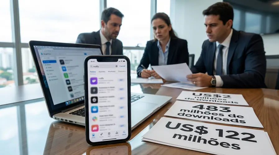 Um print/arte que mostre, de forma editorial, uma tela de loja de apps com resultados de busca para ‘nudify’, ao lado de números grandes destacando ‘483 milhões de downloads’ e ‘US$ 122 milhões’, para reforçar a escala do problema na seção sobre alcance e receita.
