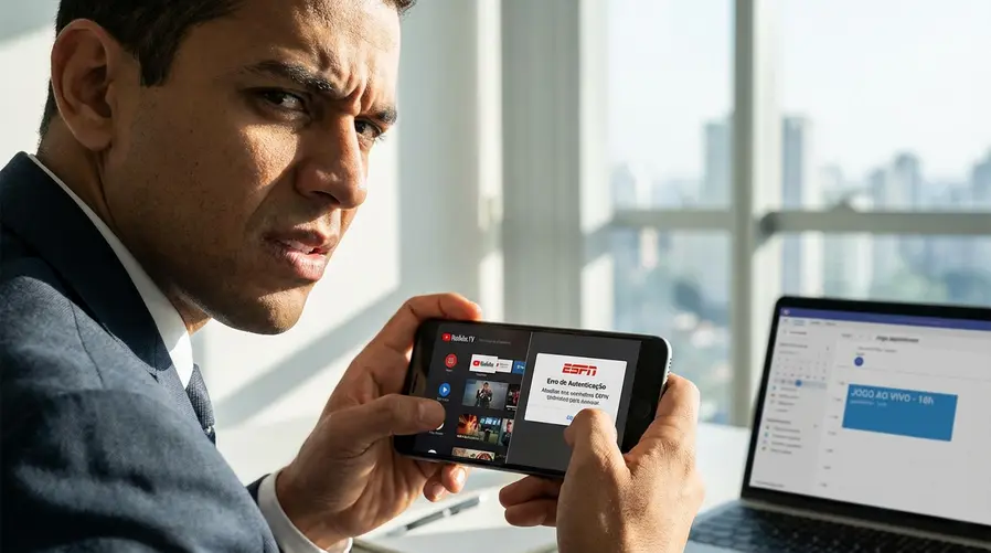 Tela de um celular mostrando a interface do YouTube TV ao lado de uma mensagem de erro/atualização no login da ESPN Unlimited, com destaque visual para a frustração de não conseguir autenticar o acesso antes de um evento esportivo ao vivo.