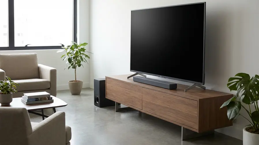 A soundbar Sony Bravia Theater Bar 5 posicionada abaixo de uma TV em uma sala pequena, mostrando claramente como o corpo compacto cabe entre os pés de um televisor com base dupla, com o subwoofer sem fio ao lado para reforçar a ideia de kit básico pronto para uso.