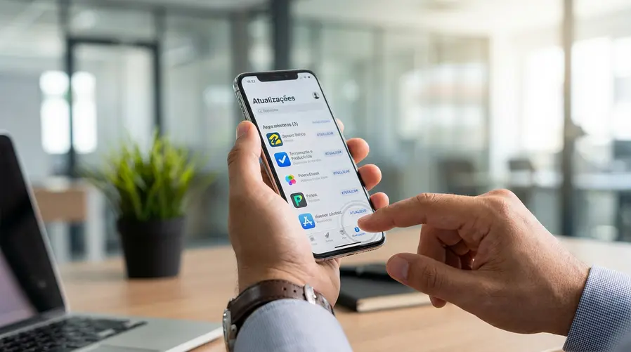 Tela de um iPhone na App Store mostrando o atalho usado para abrir diretamente a lista de atualizações pendentes, com a interface destacando claramente o ponto de toque e a área onde aparecem os apps para atualizar.