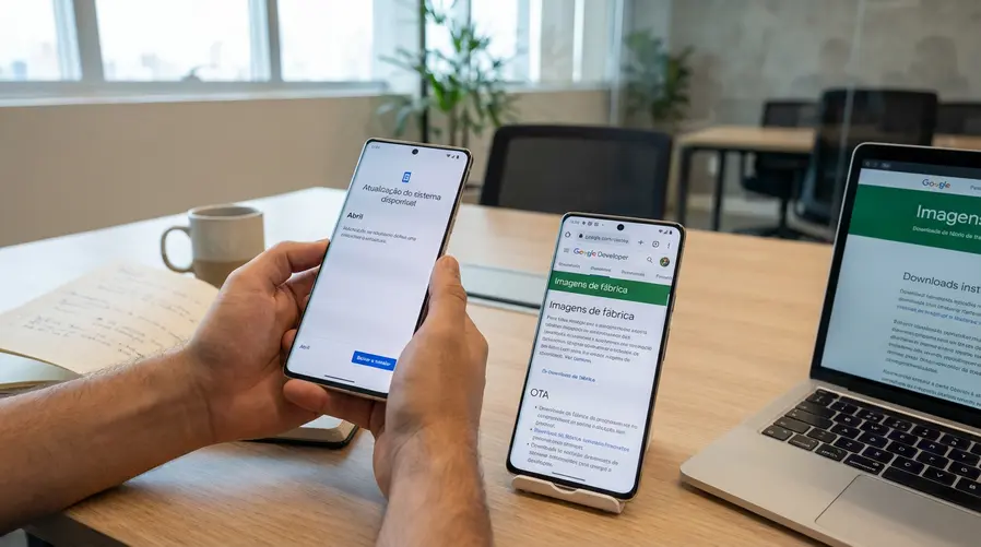 Uma captura de tela do processo de atualização no próprio Pixel, mostrando a página de ‘System update’ com o aviso de que a versão de abril está disponível, ao lado de um celular exibindo a opção de baixar a imagem OTA/factory em uma página oficial do Google.