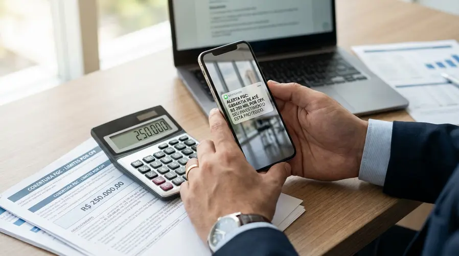 Uma imagem mostrando a tela de um celular com um alerta de garantia do FGC e, ao lado, uma calculadora destacando o limite de R$ 250 mil por CPF, para ilustrar visualmente a cobertura e o que o cliente pode esperar receber.