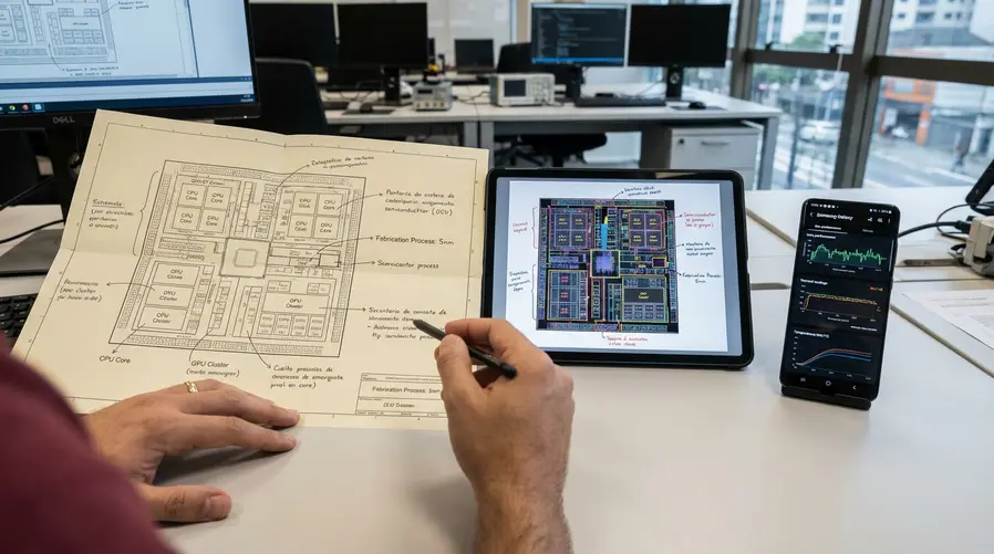 Close em um desenho técnico de um chip com destaque para áreas de CPU, GPU e fabricação, ao lado de uma imagem de um smartphone Galaxy mostrando gráficos de desempenho e temperatura na tela, para ilustrar a tentativa da Samsung de corrigir problemas de eficiência e aquecimento no novo Exynos.