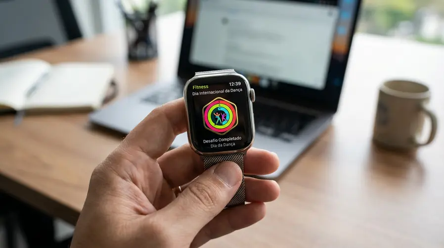 Uma tela de Apple Watch ou do app Fitness mostrando o desafio do Dia Internacional da Dança com anéis de atividade, notificação de meta concluída e uma medalha temática colorida associada a movimento/dança.
