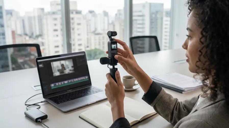 Uma imagem mostrando a Osmo Pocket 4 em uso por uma pessoa gravando a própria rotina em modo vlog, com destaque visual para o corpo compacto da câmera, a ideia de bateria maior em uma cena de gravação prolongada e pequenos elementos na tela sugerindo vídeo vertical e horizontal, para reforçar a seção sobre melhorias práticas.