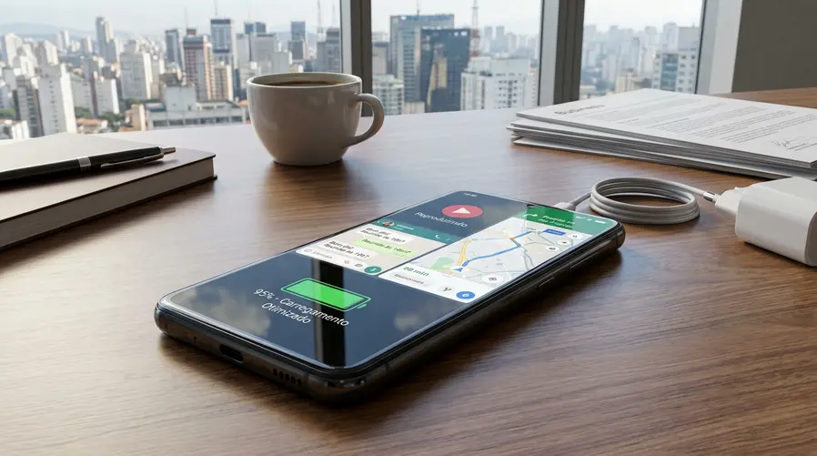 Uma imagem em close do celular em uso ao longo do dia, mostrando a tela com apps de streaming, mensagens e navegação aberta ao lado de um ícone ou medidor visual de bateria grande, além de um carregador na mesa, para reforçar a ideia de autonomia prolongada da seção sobre 7.000 mAh.