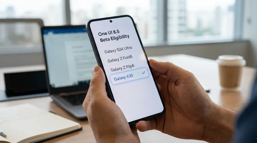 Uma imagem mostrando uma tela de smartphone com a lista de dispositivos elegíveis para beta, destacando visualmente o Galaxy A35 ao lado de modelos mais caros da linha Galaxy S e Z, para reforçar a surpresa da inclusão.
