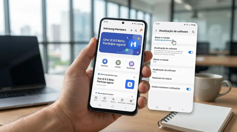 Uma captura de tela do celular mostrando o app Samsung Members aberto com o banner do beta do One UI 8.5 em destaque e, ao lado ou em segundo plano, a tela de Configurações > Atualização de software pronta para tocar em 'Baixar e instalar'.