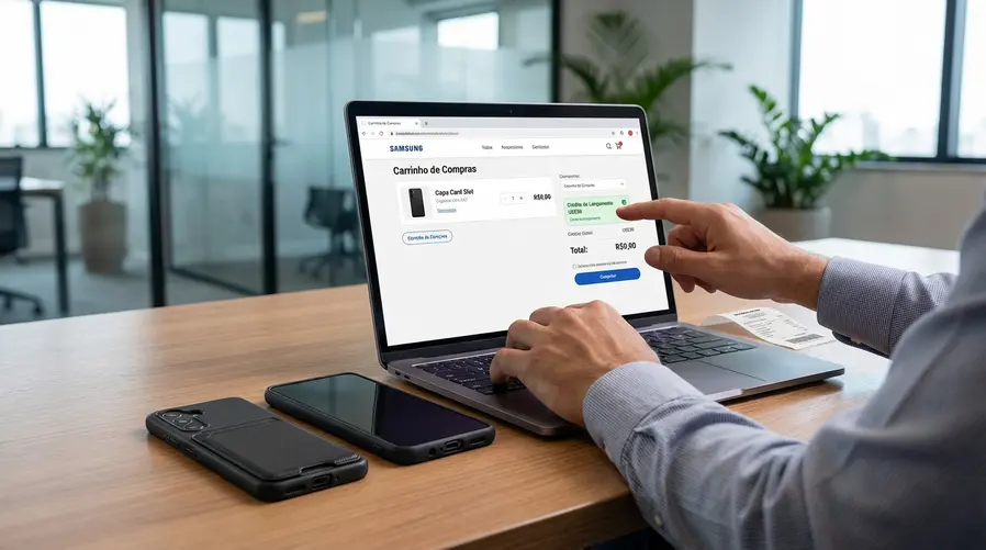 Uma imagem mostrando um Galaxy A37 ou A57 ao lado da capinha tipo Card Slot Case, com destaque visual para o crédito de US$ 30 sendo convertido em acessório grátis, como se fosse um carrinho de compra simples com o item zerado.