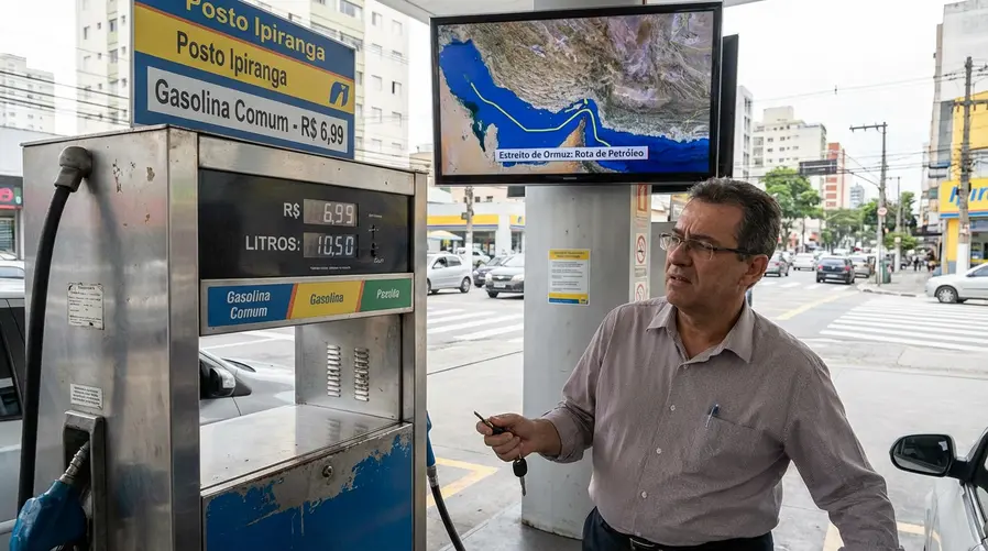 Uma imagem comparando uma bomba de gasolina com o painel de preço subindo e, ao fundo, um mapa simples destacando o Estreito de Ormuz com uma rota de navios de petróleo, para ilustrar a ligação direta entre a crise e o aumento no bolso do brasileiro.