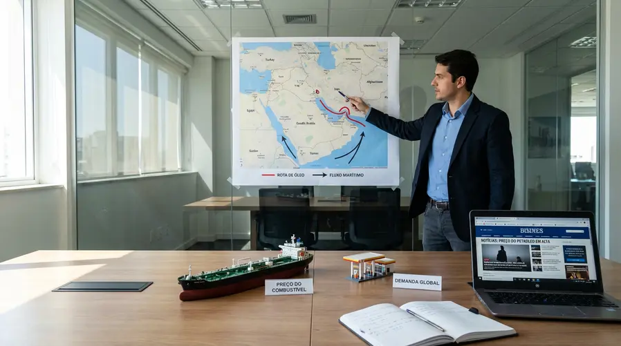 Imagem mostrando um mapa simplificado do Oriente Médio com o Estreito de Ormuz destacado em destaque, setas indicando a rota do petróleo e pequenos ícones de navio-tanque e posto de gasolina, para reforçar a ligação entre a passagem marítima e o preço que chega ao consumidor.