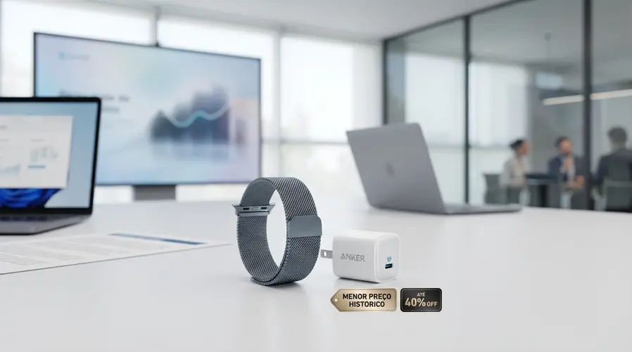 Uma composição com a pulseira Milanese Loop Slate de 46 mm em destaque ao lado de um carregador Anker de parede, ambos sobre um fundo limpo de vitrine digital, com etiquetas visuais de ‘menor preço histórico’ e ‘até 40% off’, para ilustrar a seção de acessórios e economia em itens menores.