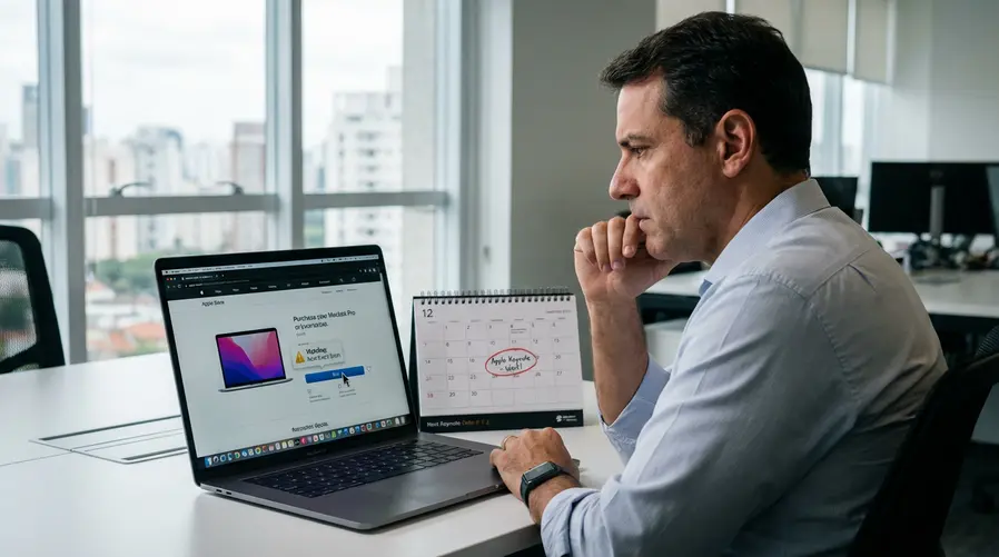 Uma imagem mostrando uma pessoa olhando para a tela de um laptop com a página de compra da Apple aberta, com destaque visual para um alerta de indecisão e um calendário ao lado sugerindo esperar o próximo lançamento antes de comprar.