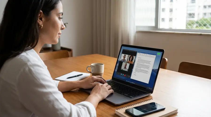 Uma cena de uso real de um notebook com IA sobre uma mesa de casa ou café, com a tela mostrando multitarefa prática: chamada de vídeo em uma janela, um documento aberto e um indicador de bateria ainda alto. A imagem deve transmitir autonomia, produtividade e uso cotidiano, não marketing de produto.
