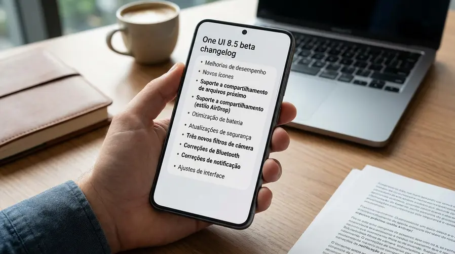 Uma captura de tela do menu de changelog da beta no Galaxy S25, mostrando a lista de nove mudanças com destaque visual para os itens mais fáceis de entender: suporte ao recurso parecido com AirDrop, os três novos filtros de câmera e as correções de Bluetooth e notificações.
