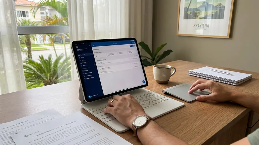 Uma pessoa usando um iPad em uma mesa com Magic Keyboard acoplado, com um Magic Trackpad ou Magic Mouse ao lado, em um cenário doméstico de produtividade; a imagem deve destacar o uso conjunto dos acessórios na rotina, não apenas o iPad isolado.