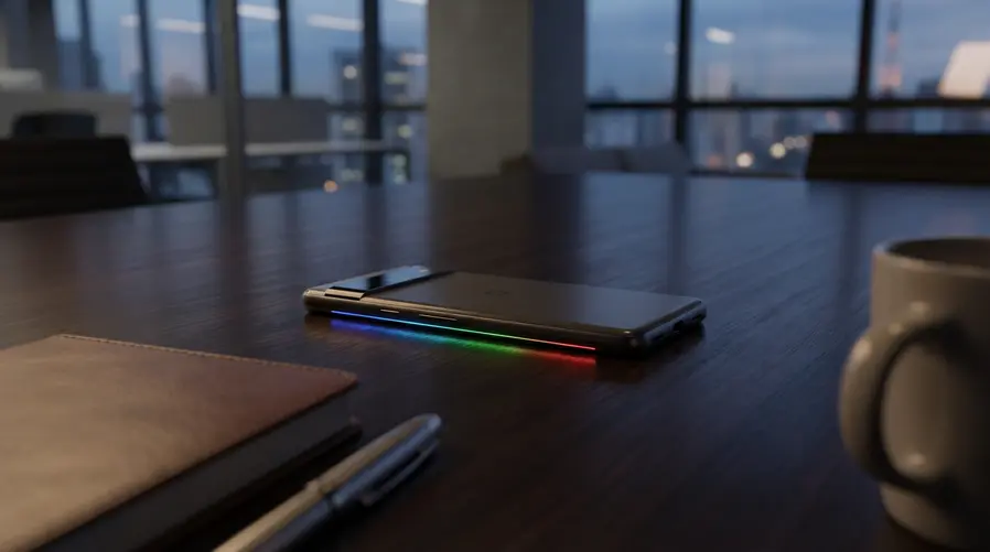 Uma ilustração de um smartphone Pixel virado para baixo sobre uma mesa escura, com um brilho discreto em tons de vermelho, verde e azul vazando pelas bordas traseiras do aparelho, sugerindo um aviso visual sem acender a tela.