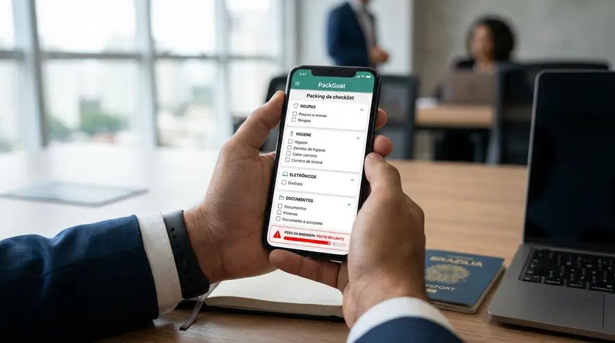 Uma tela de smartphone com a lista de bagagem do PackGoat aberta, mostrando itens separados por categoria e um indicador de peso da mala, como se o app estivesse avisando que a mochila ou a mala já está perto do limite antes da viagem.