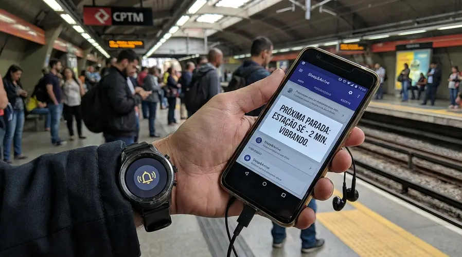 Um close de um celular mostrando a tela do Sleep&Arrive com um alerta de proximidade de parada, ao lado de um relógio Wear OS vibrando no pulso e fones de ouvido conectados, para ilustrar os diferentes tipos de aviso e a ideia de funcionar mesmo durante uma transferência.