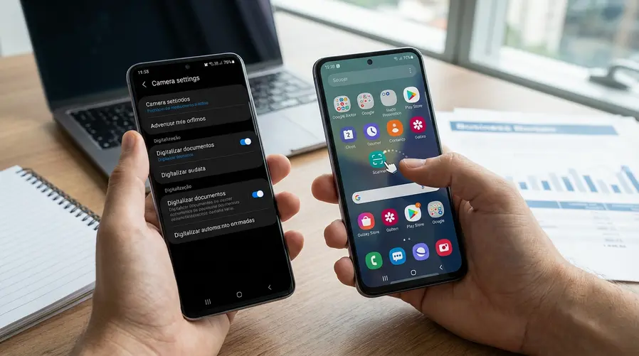 Uma captura da tela de configurações da Câmera no Galaxy mostrando a opção Scanning com o toggle Document Scan ativado, e ao lado a ideia visual do atalho aparecendo na grade de apps ou sendo arrastado para a tela inicial.