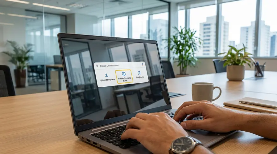 Captura de tela de um notebook com a barra flutuante do Google aberta por Alt + Espaço, mostrando o campo de busca, os botões de upload de arquivo, compartilhamento de tela e o ícone do Google Lens destacados, como se fossem as opções visíveis naquela mesma interface.