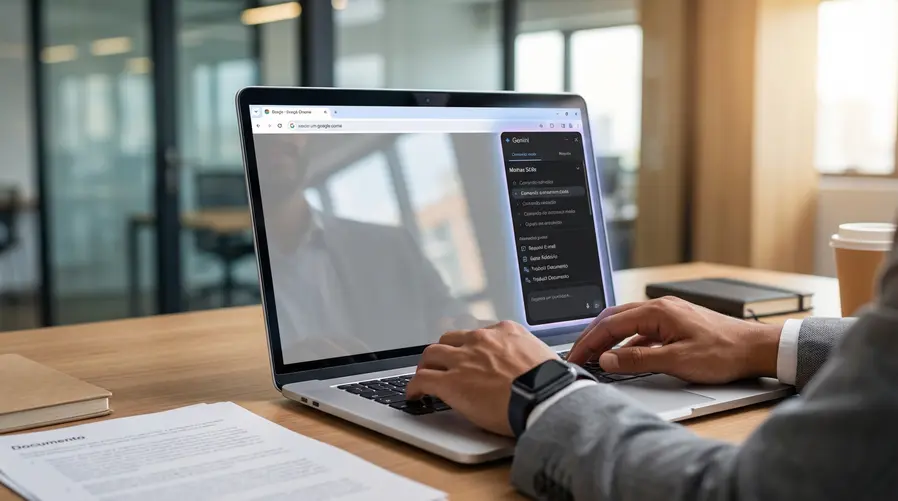 Uma captura do Gemini sidebar aberto dentro do Chrome em um laptop, mostrando a área de Skills com uma lista de opções prontas e a interface para selecionar ou navegar entre comandos salvos, de preferência com destaque para o painel lateral e o menu de Skills.