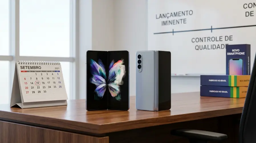 Uma composição com um mockup de smartphone dobrável aberto e fechado ao lado de um calendário marcado em setembro, com elementos visuais discretos de linha de produção e caixas de varejo, para reforçar a ideia de cronograma mantido e lançamento iminente.