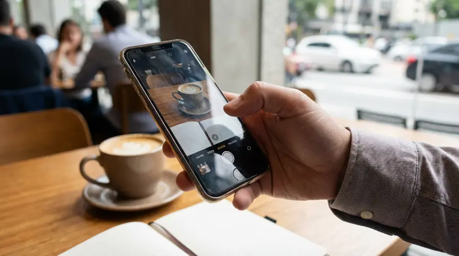 Um usuário segurando um iPhone em uma situação cotidiana, como fotografar algo rápido na rua ou em um café, com destaque visual para o botão lateral de câmera sendo usado com uma mão. A imagem deve ilustrar a facilidade de tirar foto sem mexer demais na tela, mostrando o gesto de apertar o comando enquanto a cena já está enquadrada.