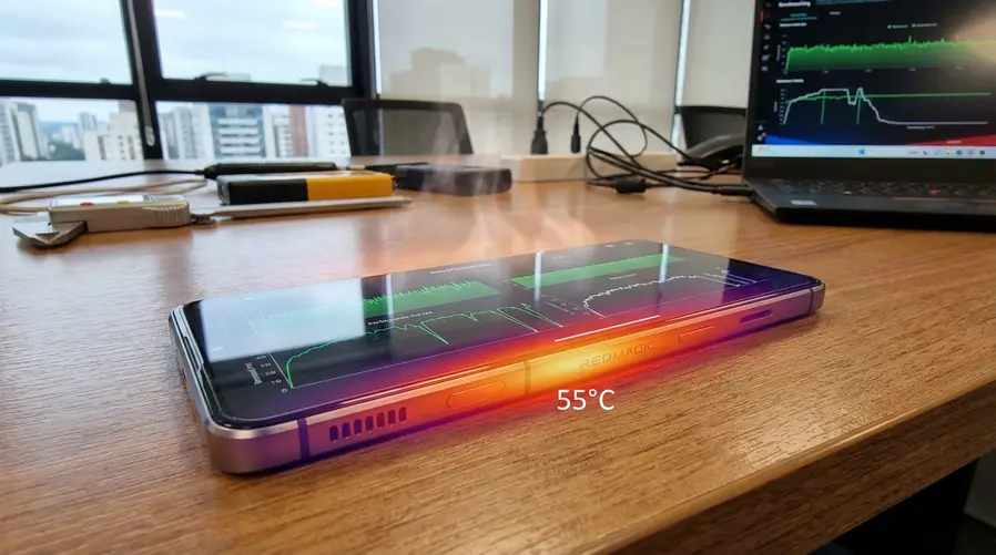 Um close de um celular gamer REDMAGIC em teste de estresse, com a tela exibindo gráficos de benchmark e um overlay visual de calor destacando a temperatura de 55°C, para ilustrar o momento em que o aparelho parece ter perdido o controle térmico.