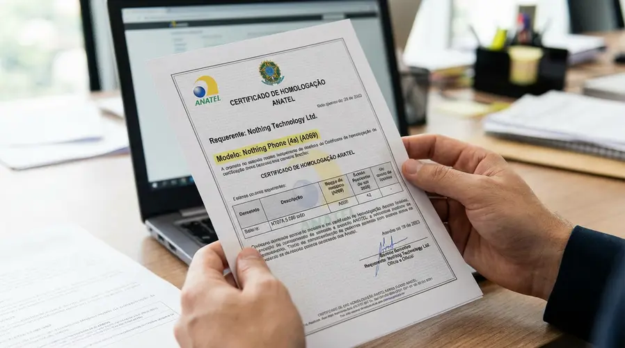 Uma foto ou arte do certificado de homologação mostrando claramente o registro do Nothing Phone (4a) na Anatel, com destaque visual para o código de modelo A069 e para a ficha da bateria NT07A com 5.080 mAh, como se fosse um recorte de documento oficial.