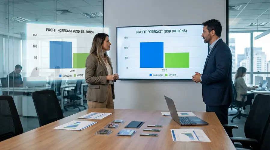 Um gráfico comparando duas barras de lucro projetado — Samsung e NVIDIA — com destaque visual para a Samsung ultrapassando a outra em 2027, ao lado de imagens discretas de chips de memória e módulos de armazenamento, para ilustrar que a empresa lucra vendendo os componentes essenciais da onda de IA.