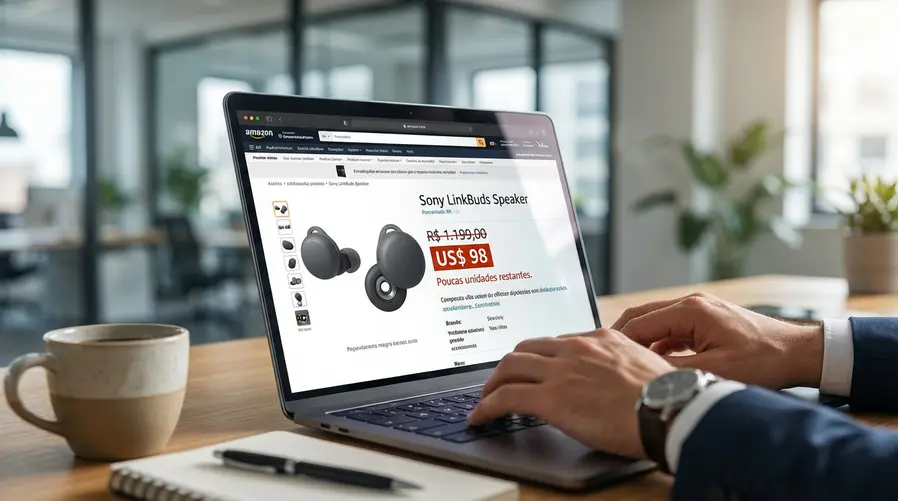 Uma captura de tela de uma página de produto da Amazon mostrando o Sony LinkBuds Speaker com o preço antigo riscado, o novo valor de US$ 98 em destaque e um aviso visual de estoque baixo ou poucas unidades restantes.