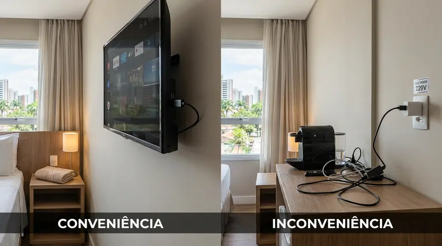 Uma imagem comparando dois cenários: de um lado, um streaming stick conectado diretamente à porta USB de uma TV de hotel; do outro, o mesmo tipo de aparelho precisando do adaptador de tomada e de uma extensão. A composição deve reforçar a diferença prática de cabos, tomada ocupada e facilidade de uso no quarto.