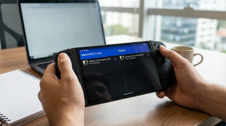 Uma captura de tela de um console portátil Android exibindo o menu de seleção entre NetherSX2-Turnip e a versão padrão, com o mesmo jogo de PS2 listado em ambos os perfis para comparar desempenho.