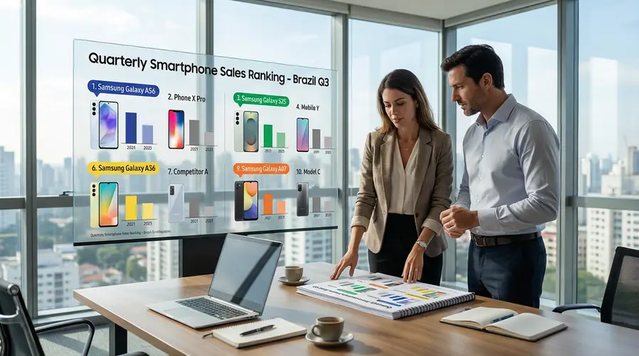 Uma imagem com o ranking dos 10 smartphones mais vendidos no trimestre, destacando visualmente os quatro modelos da Samsung em cores diferentes e marcando o Galaxy A56, A36, A07 e S25 em posições separadas, para mostrar de relance a presença forte da marca no top 10.