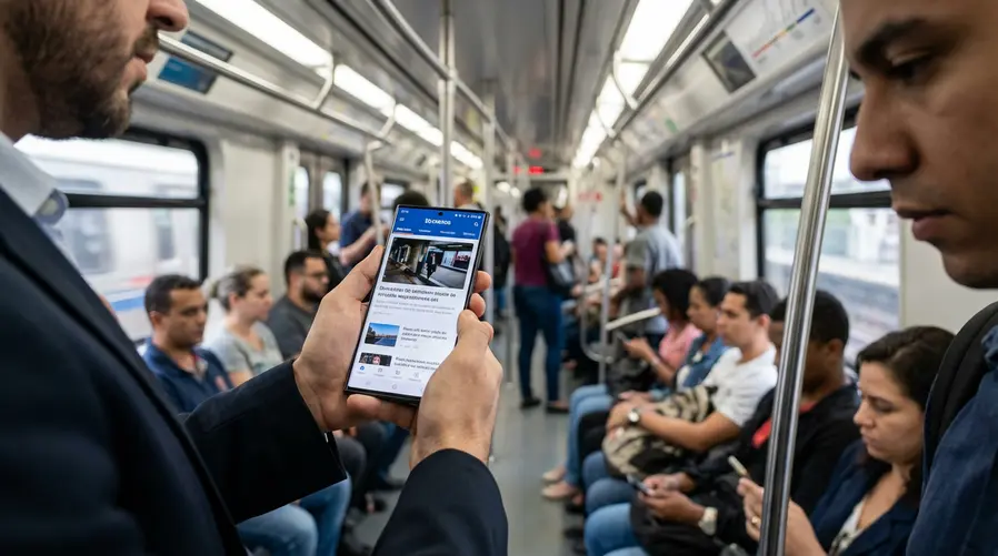 Um close de um Galaxy S26 Ultra sendo usado em público, com a tela parcialmente obscurecida para quem olha de lado, enquanto a pessoa na frente vê o conteúdo normalmente. A imagem deve mostrar claramente o efeito do Privacy Display em um ambiente cotidiano, como metrô, fila de café ou ônibus, com foco na privacidade da tela e não no aparelho inteiro.