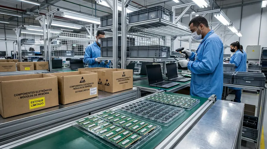 Uma imagem de um ambiente de linha de produção de notebooks com bandejas de chips e módulos de memória em destaque, mostrando caixas e componentes etiquetados, para ilustrar o aperto na cadeia de suprimentos sem focar em uma marca específica.