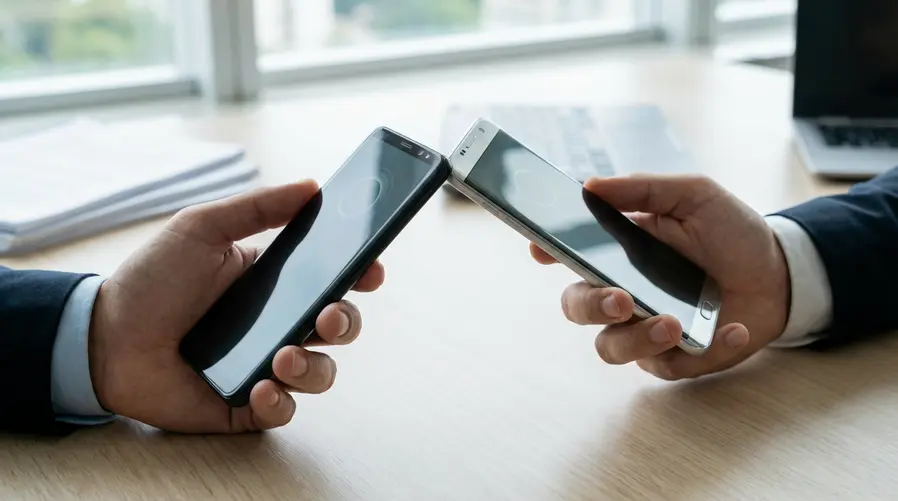 Uma imagem mostrando dois smartphones Android posicionados com a parte de cima encostada um no outro, com destaque visual para a área superior dos aparelhos e um pequeno indicador de aproximação/NFC, para ilustrar exatamente como o usuário terá que fazer o gesto para ativar o Tap to Share.