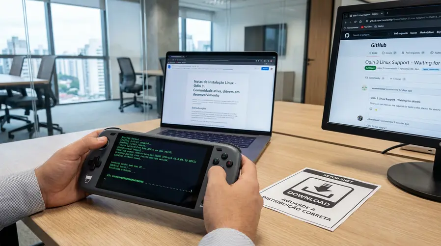 Um handheld Odin 3 em destaque com uma tela exibindo uma interface Linux em instalação ou boot inicial, ao lado de elementos que sugiram ‘aguarde a distribuição certa’ — como um ícone de download ou uma barra de progresso incompleta, reforçando que o uso prático ainda depende de suporte da comunidade.