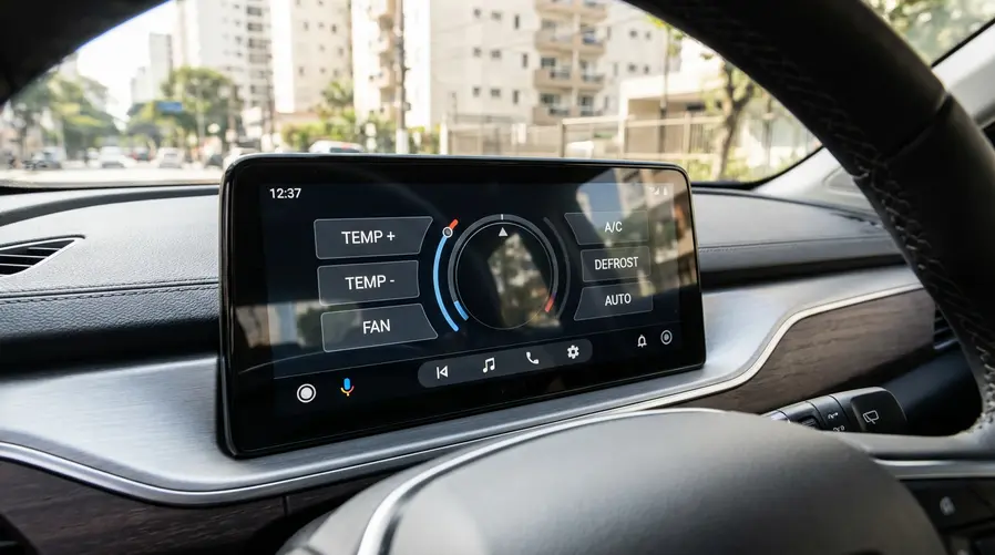 Uma tela simulada do Android Auto em uma central multimídia larga, com os controles de clima redesenhados nas laterais esquerda e direita, botões grandes para temperatura, ventilação e ar-condicionado, e a barra inferior ocupada pelos apps fixados para comparar com o layout antigo.