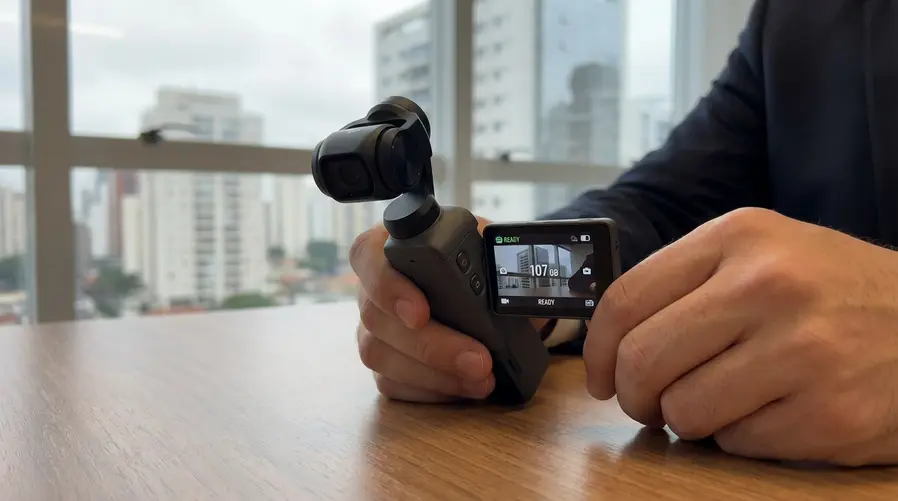 Uma foto em close da Osmo Pocket 4 mostrando a tela OLED girada para o modo lateral, os dois novos botões físicos e um destaque visual para a indicação de 107 GB de armazenamento interno, como se fosse a interface inicial do aparelho pronto para gravar.