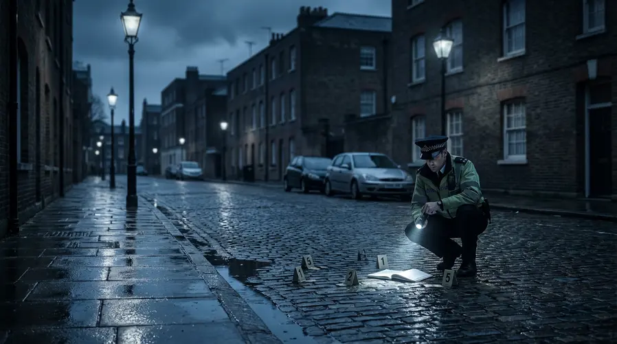 Uma imagem do trailer com a atmosfera sombria da Londres da série: rua molhada à noite, iluminação fria, um policial em primeiro plano e um enquadramento que sugira investigação e tensão, sem mostrar logo de marca em destaque.