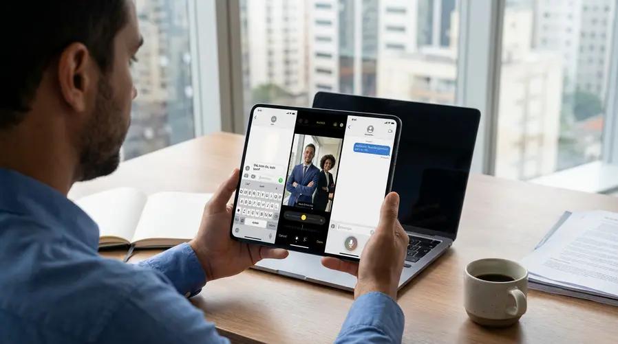 Uma imagem de um iPhone em uso cotidiano, com a tela dividida mostrando funções práticas de IA que o leitor reconhece: sugestão de texto no teclado, edição automática de foto e uma conversa com assistente de voz, tudo com aparência de interface real e não de conceito futurista.