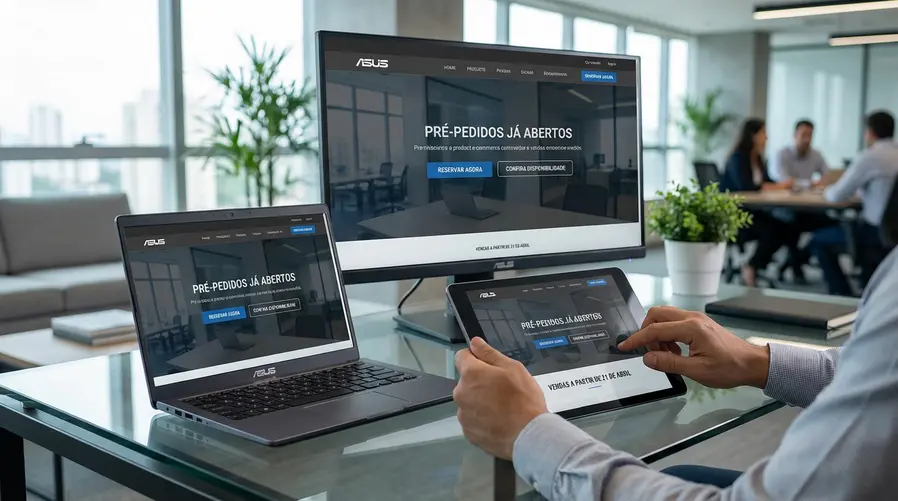 Uma imagem do anúncio com os novos notebooks lado a lado em um layout de pré-venda, destacando a informação de que os pré-pedidos já estão abertos e a data de início das vendas em 21 de abril, como se fosse uma captura promocional de e-commerce mostrando disponibilidade e chamada para reserva.